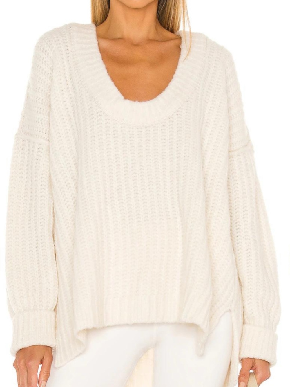 🌼 Free People Cream Blue Bell Oversized Sweater L Boho Minimalist Chunky Cozy